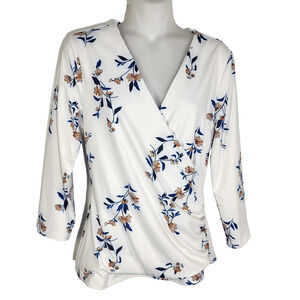 Ann Taylor Womens Surplice Faux Wrap Top Floral 3/4 Sleeve Stretch V Neck Small